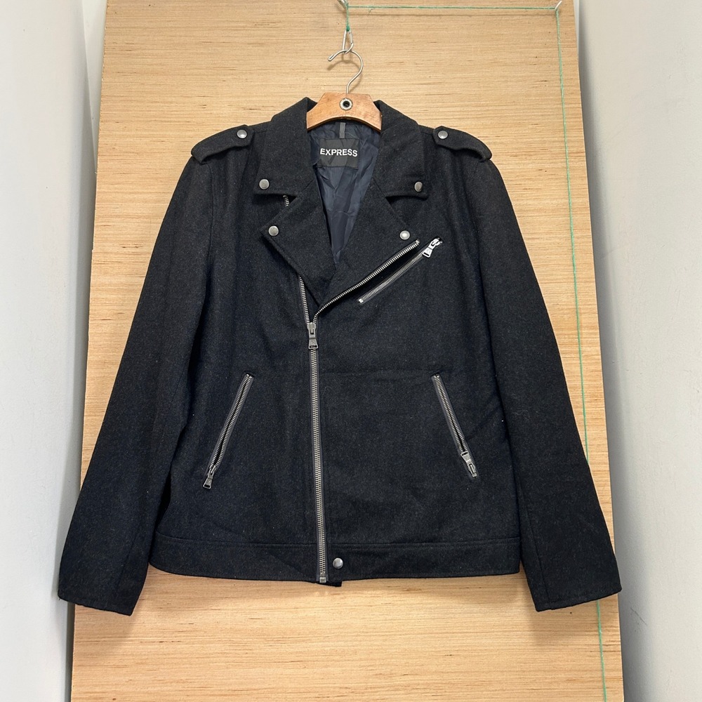 Express Mens Wool Blend Moto Biker Jacket Charcoal Gray Asymmetrical Zip 6224